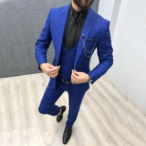 2020 Three Piece Royal Blue Men Suits Peaked Lapel Custom Made Wedding Tuxedos Slim Fit Male Suits (Jacket   Pants   Vest Tie)