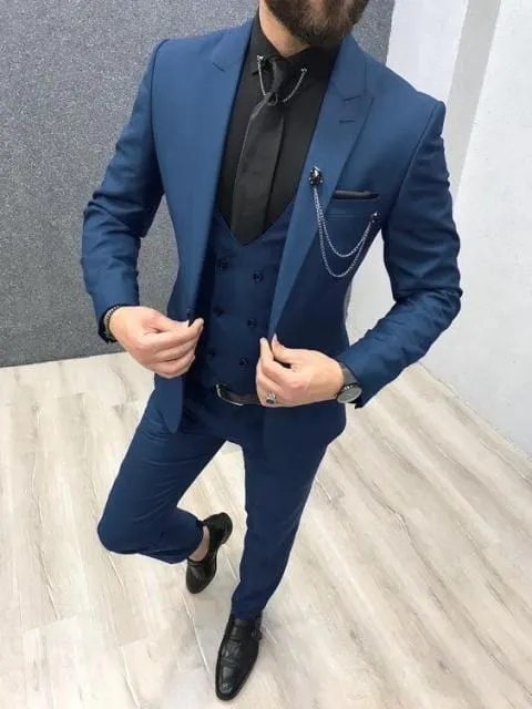 2020 Three Piece Royal Blue Men Suits Peaked Lapel Custom Made Wedding Tuxedos Slim Fit Male Suits (Jacket   Pants   Vest Tie)