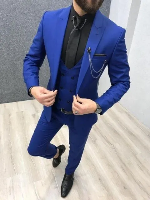2020 Three Piece Royal Blue Men Suits Peaked Lapel Custom Made Wedding Tuxedos Slim Fit Male Suits (Jacket   Pants   Vest Tie)