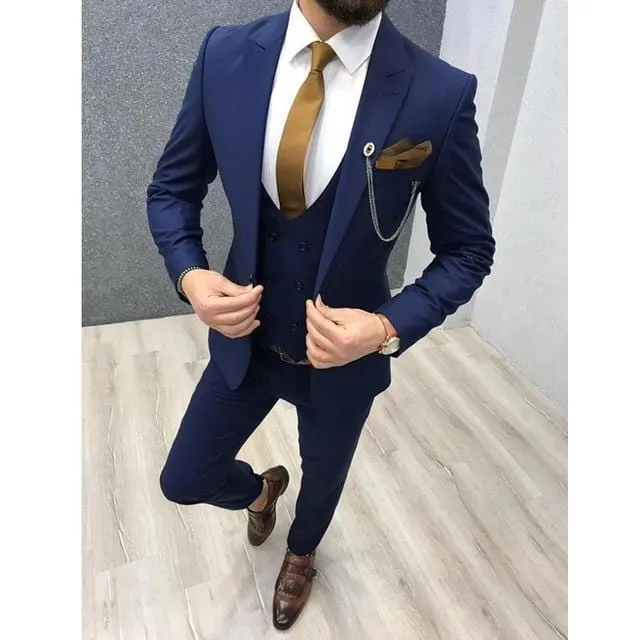 2020 Three Piece Royal Blue Men Suits Peaked Lapel Custom Made Wedding Tuxedos Slim Fit Male Suits (Jacket   Pants   Vest Tie)