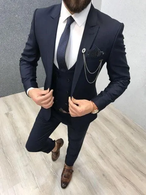 2020 Three Piece Royal Blue Men Suits Peaked Lapel Custom Made Wedding Tuxedos Slim Fit Male Suits (Jacket   Pants   Vest Tie)