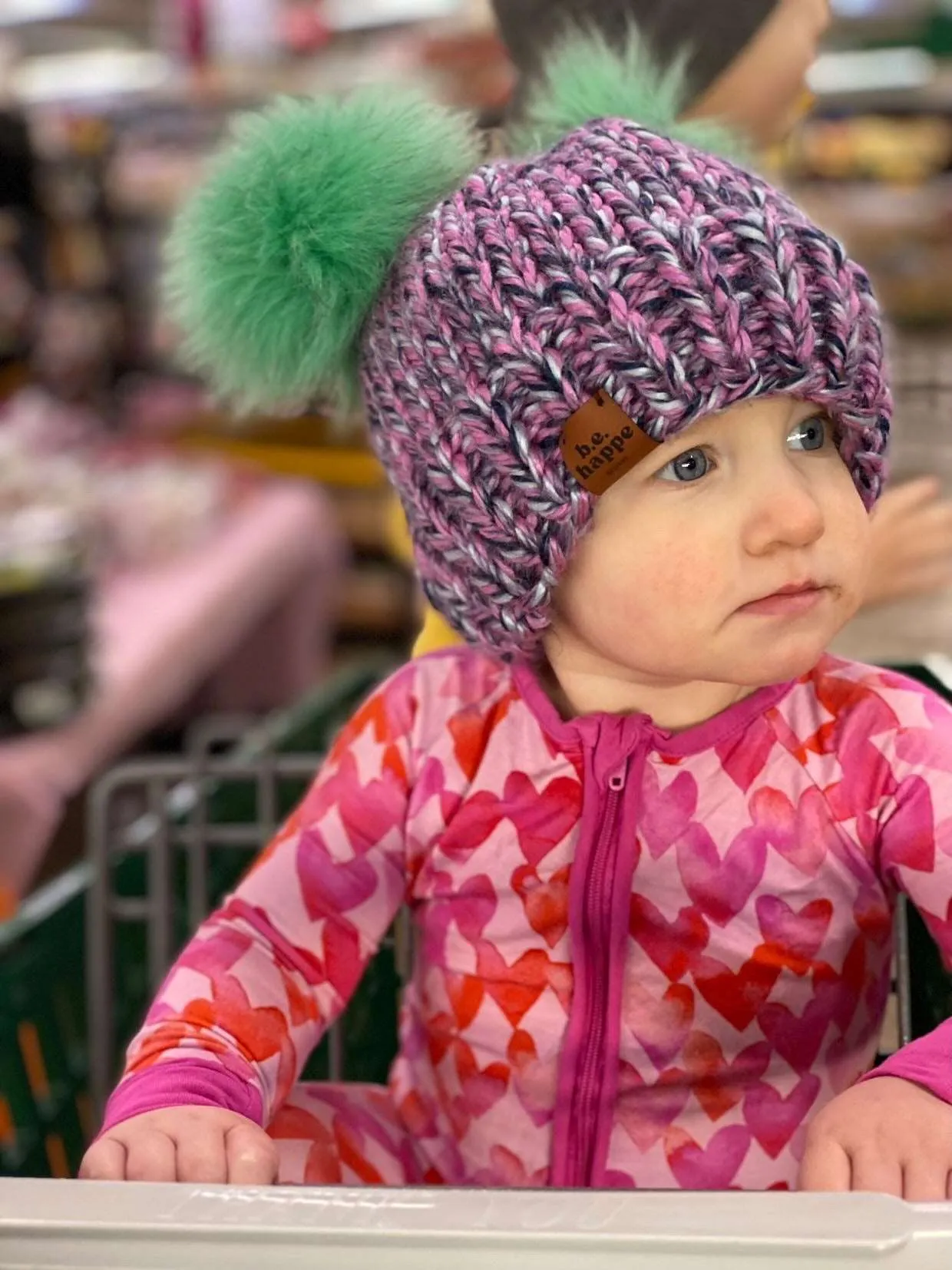 3-6 month Baby Knit Pom Hat | Purple Double Pom Wool Free