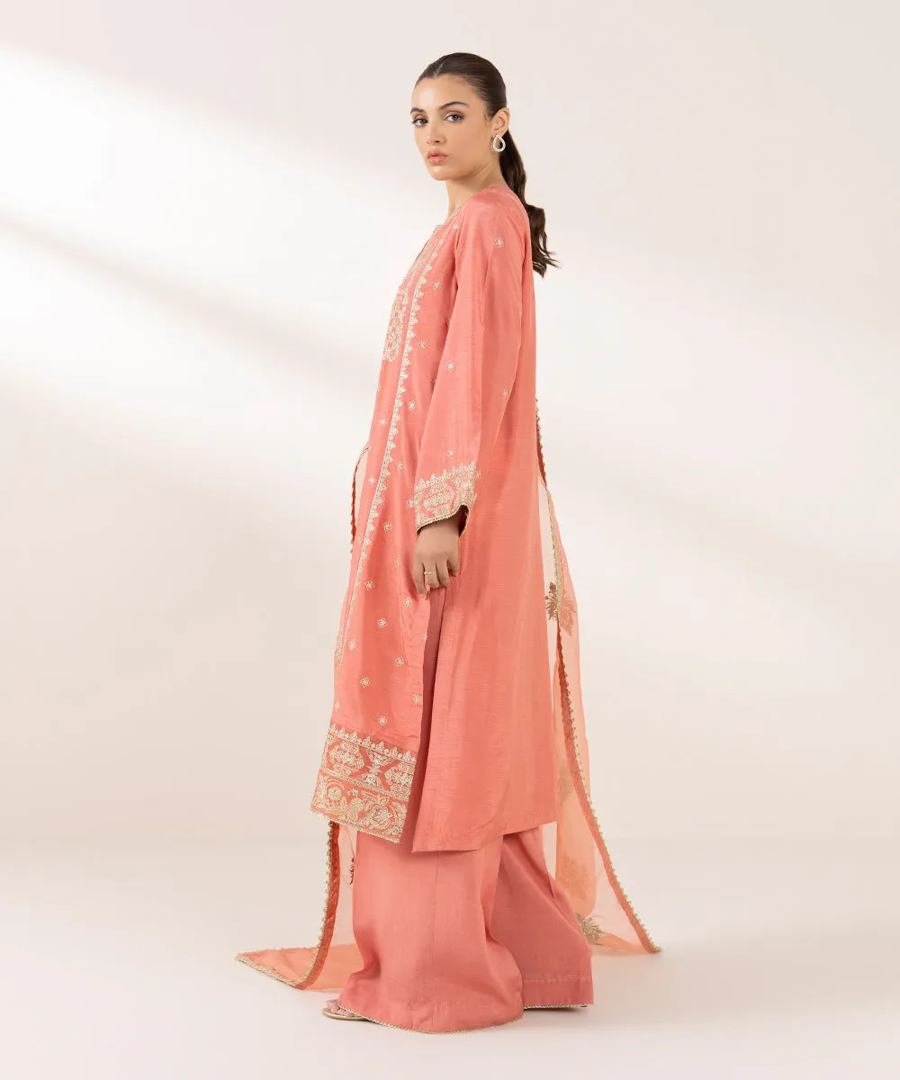 3 Piece - Embroidered Raw Silk Suit