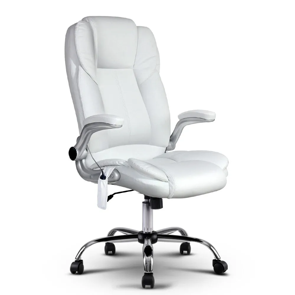 8-Point White PU Leather Massage Office Chair, Artiss