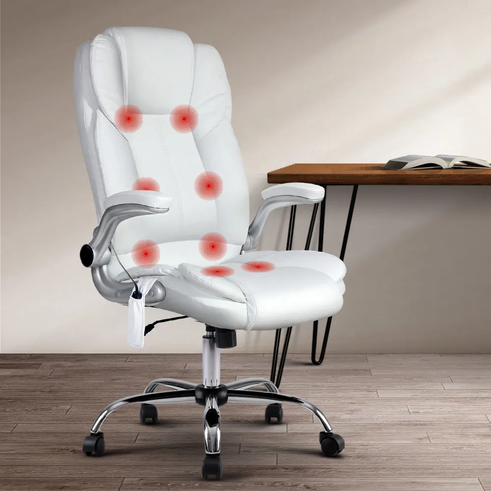 8-Point White PU Leather Massage Office Chair, Artiss