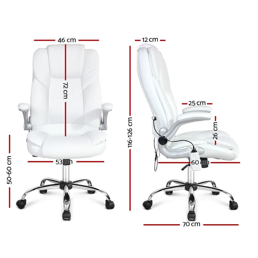 8-Point White PU Leather Massage Office Chair, Artiss