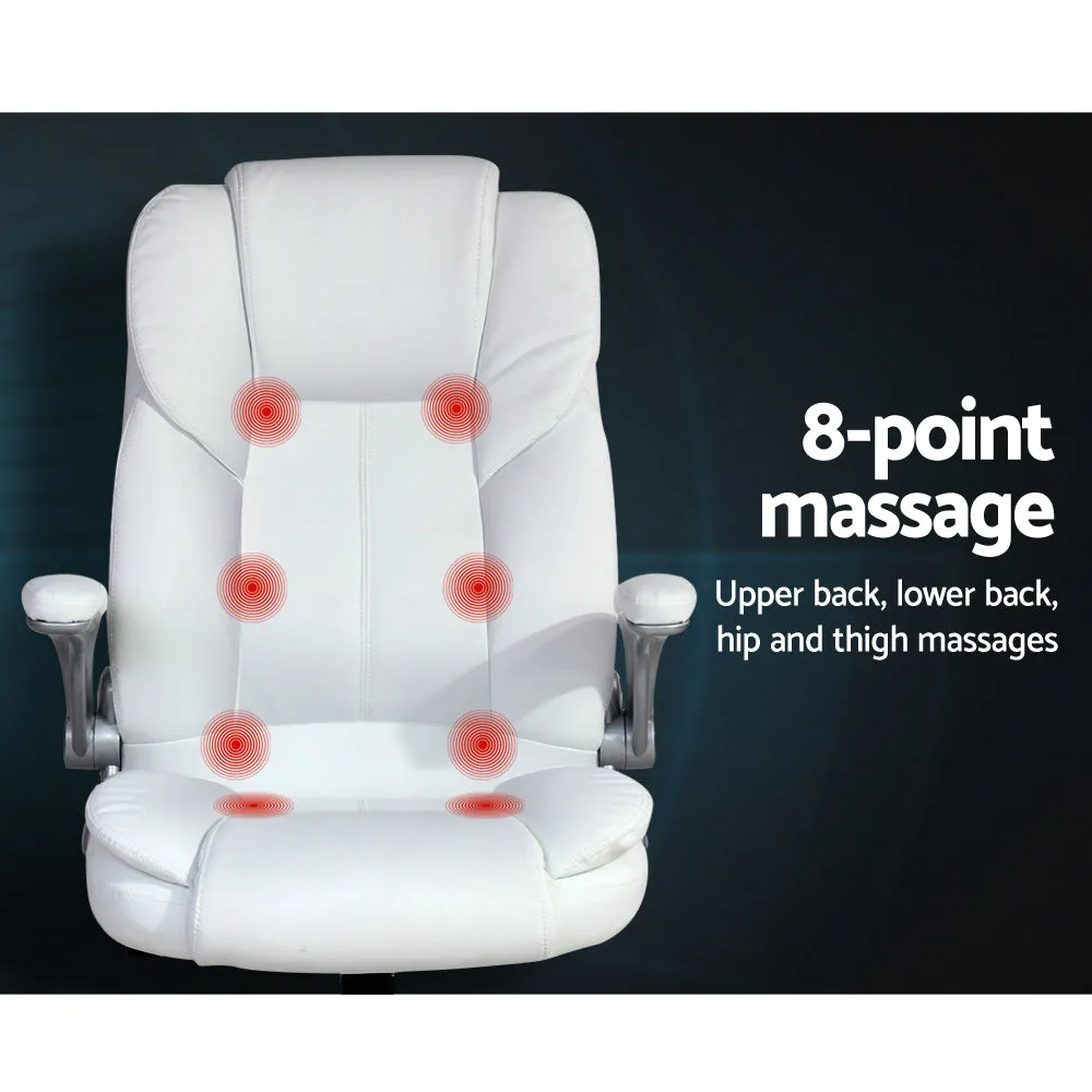 8-Point White PU Leather Massage Office Chair, Artiss