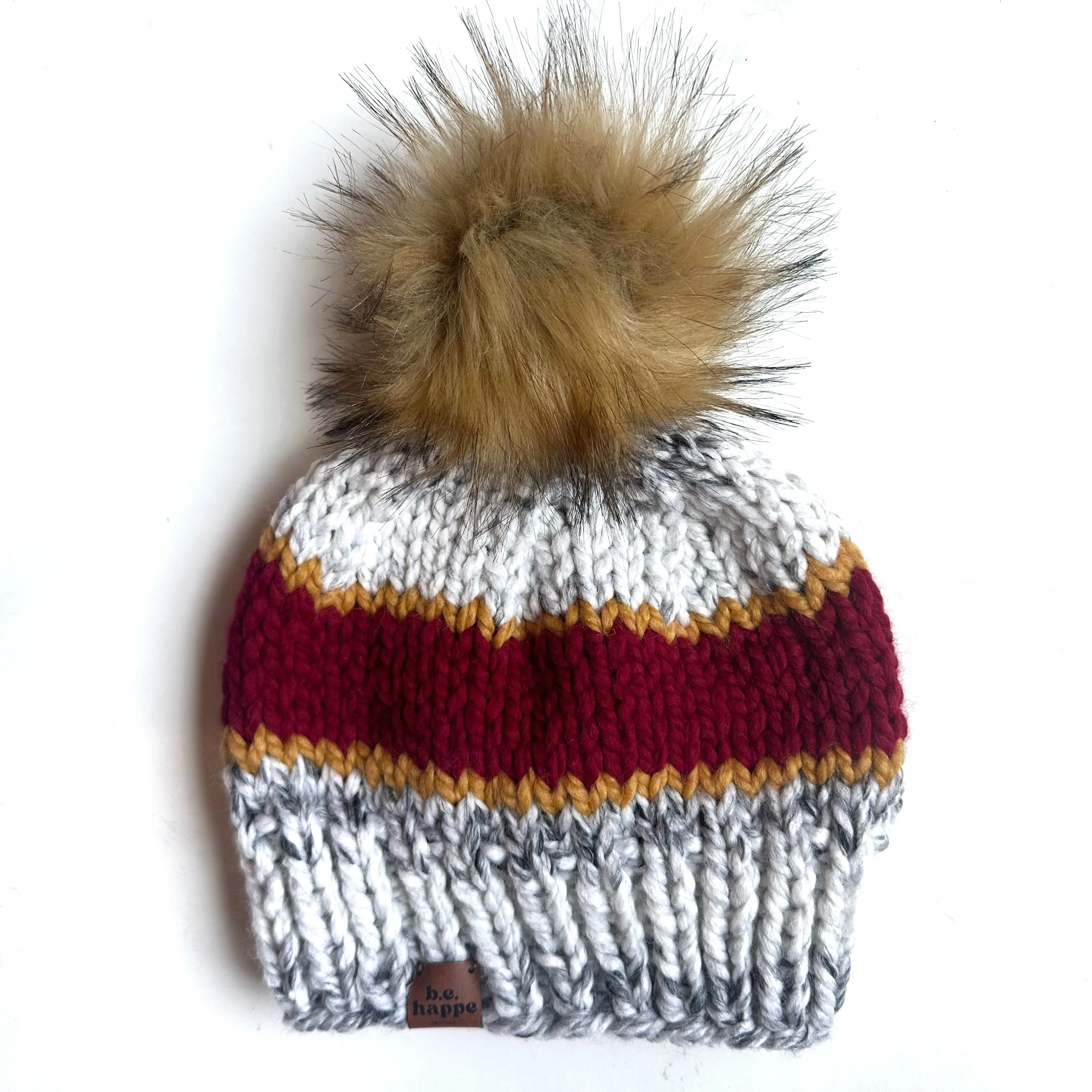 Adult Stripe Knit Pom Hat | Red   Mustard Yellow   Marble