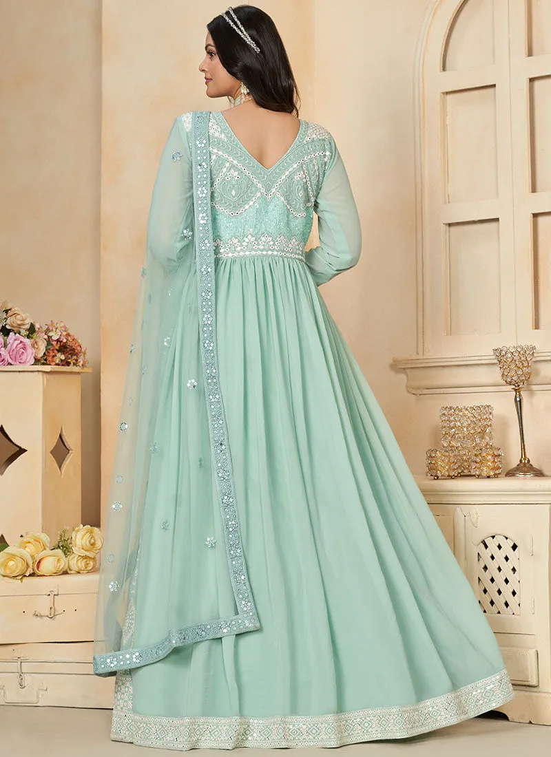 Aqua Blue Thread And Sequence Embroidery Anarkali Suit