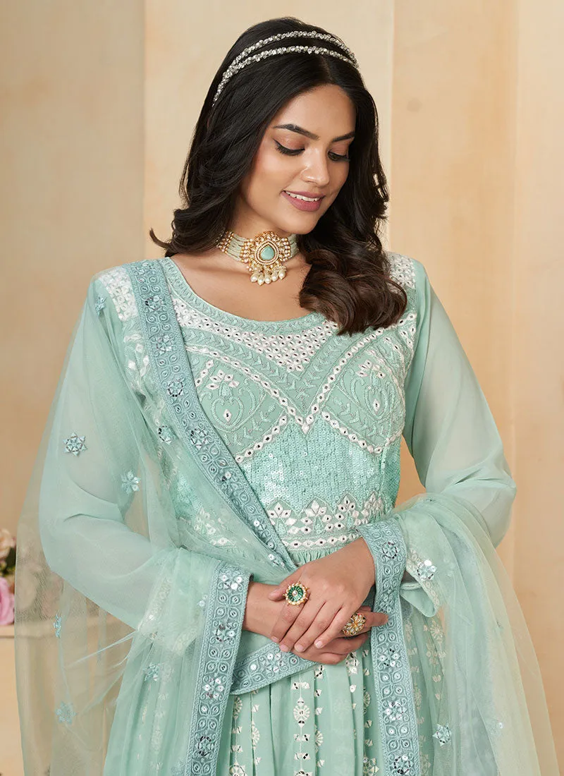 Aqua Blue Thread And Sequence Embroidery Anarkali Suit