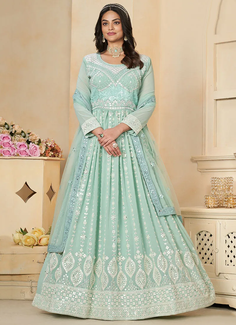 Aqua Blue Thread And Sequence Embroidery Anarkali Suit