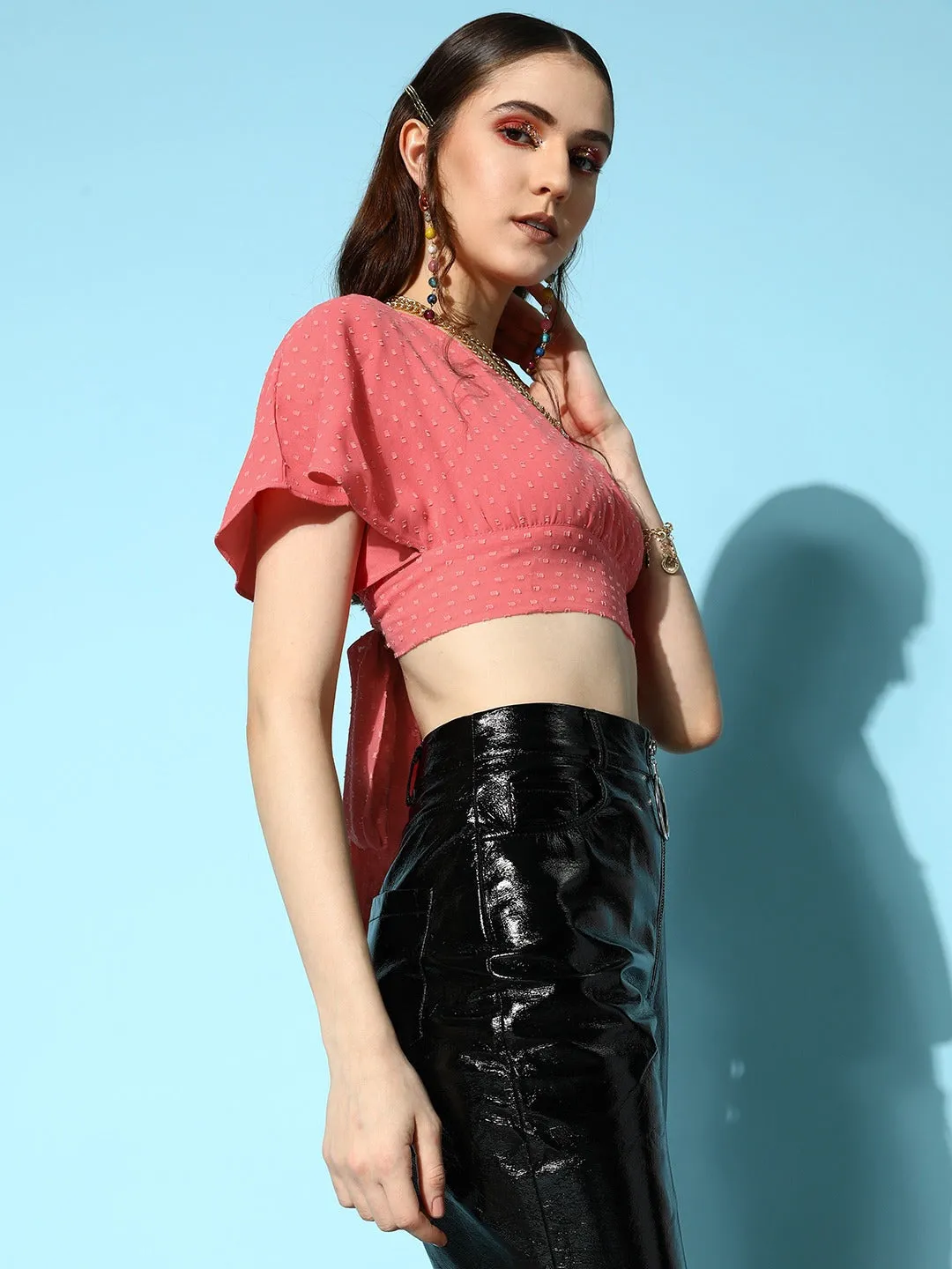 Berrylush Women Solid Pink Dobby Weave V-Neck Tie-Up Back Keyhole Georgette Wrap Cropped Top
