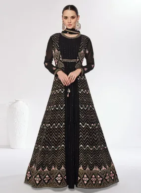 Black Multi Embroidery Jacket Style Festive Anarkali Gown