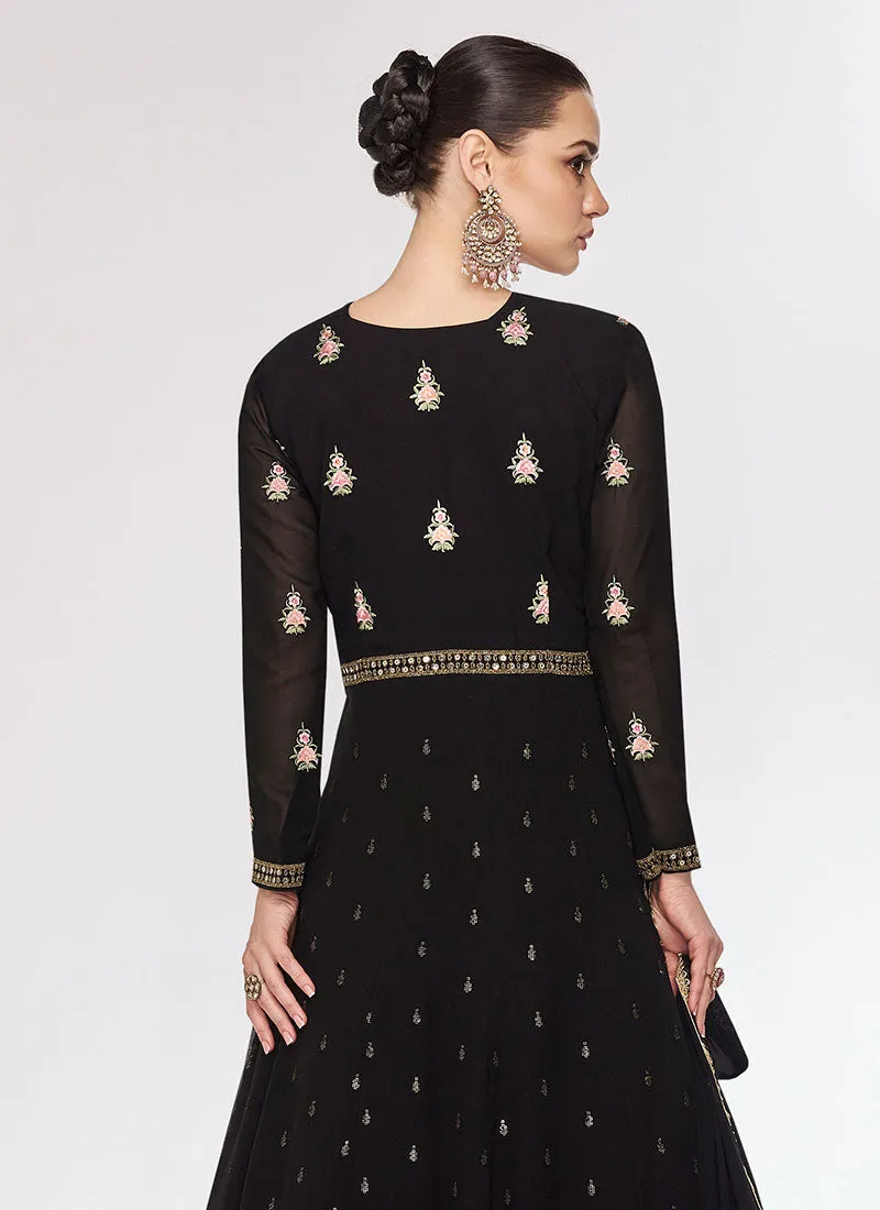Black Multi Embroidery Jacket Style Festive Anarkali Gown