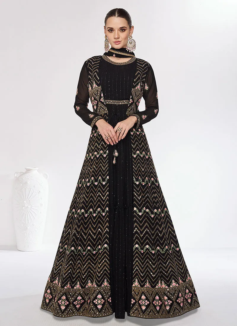 Black Multi Embroidery Jacket Style Festive Anarkali Gown
