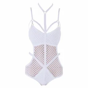 Black Rayon Cross Halter Neck Grid Perspective Knitted Sexy Ladies New Fashion Bodycon Bandage Bodysuits