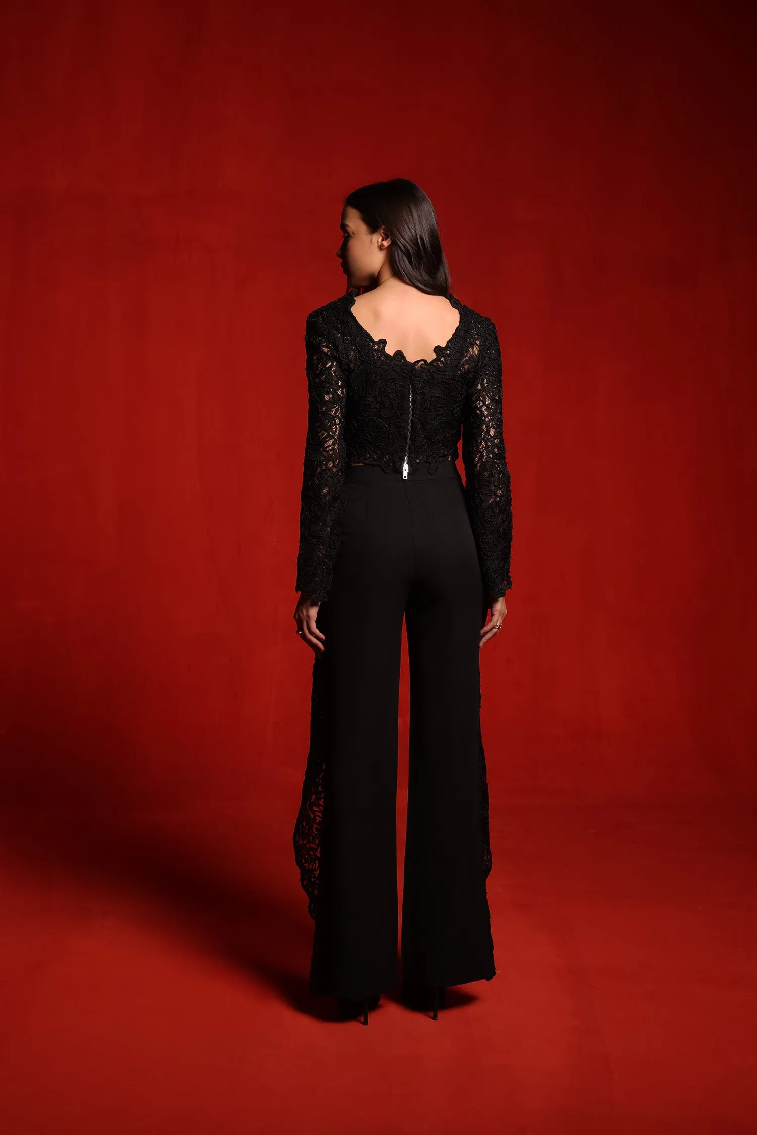 Black Textured Full sleeves Crop Top and Pants