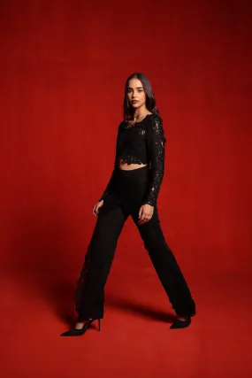 Black Textured Full sleeves Crop Top and Pants