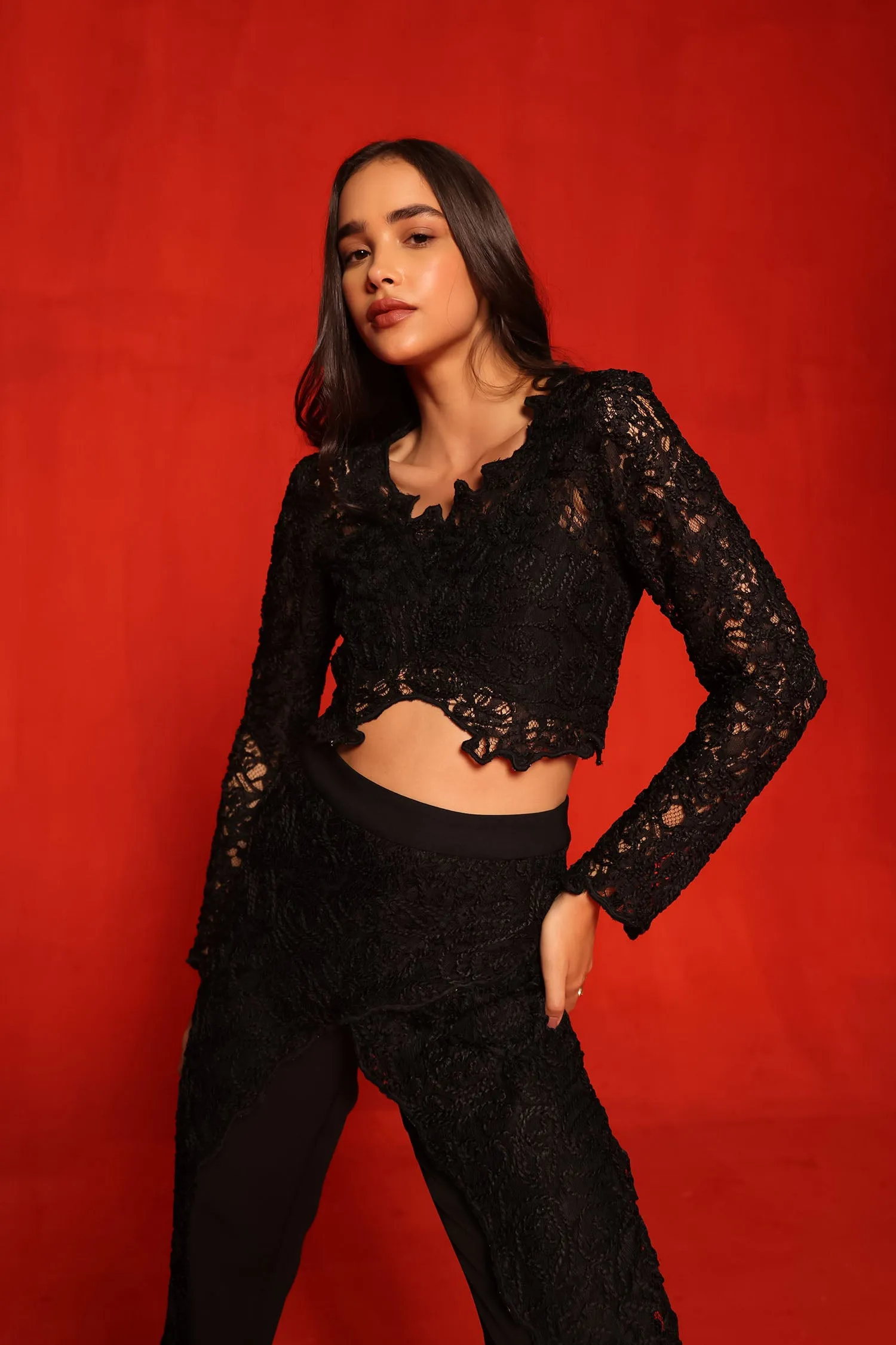 Black Textured Full sleeves Crop Top and Pants