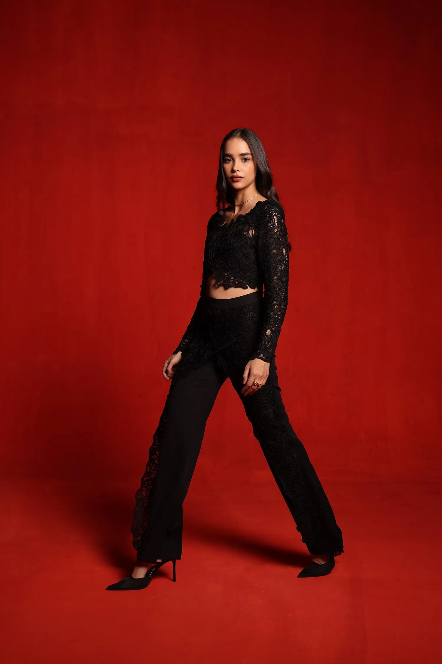 Black Textured Full sleeves Crop Top and Pants