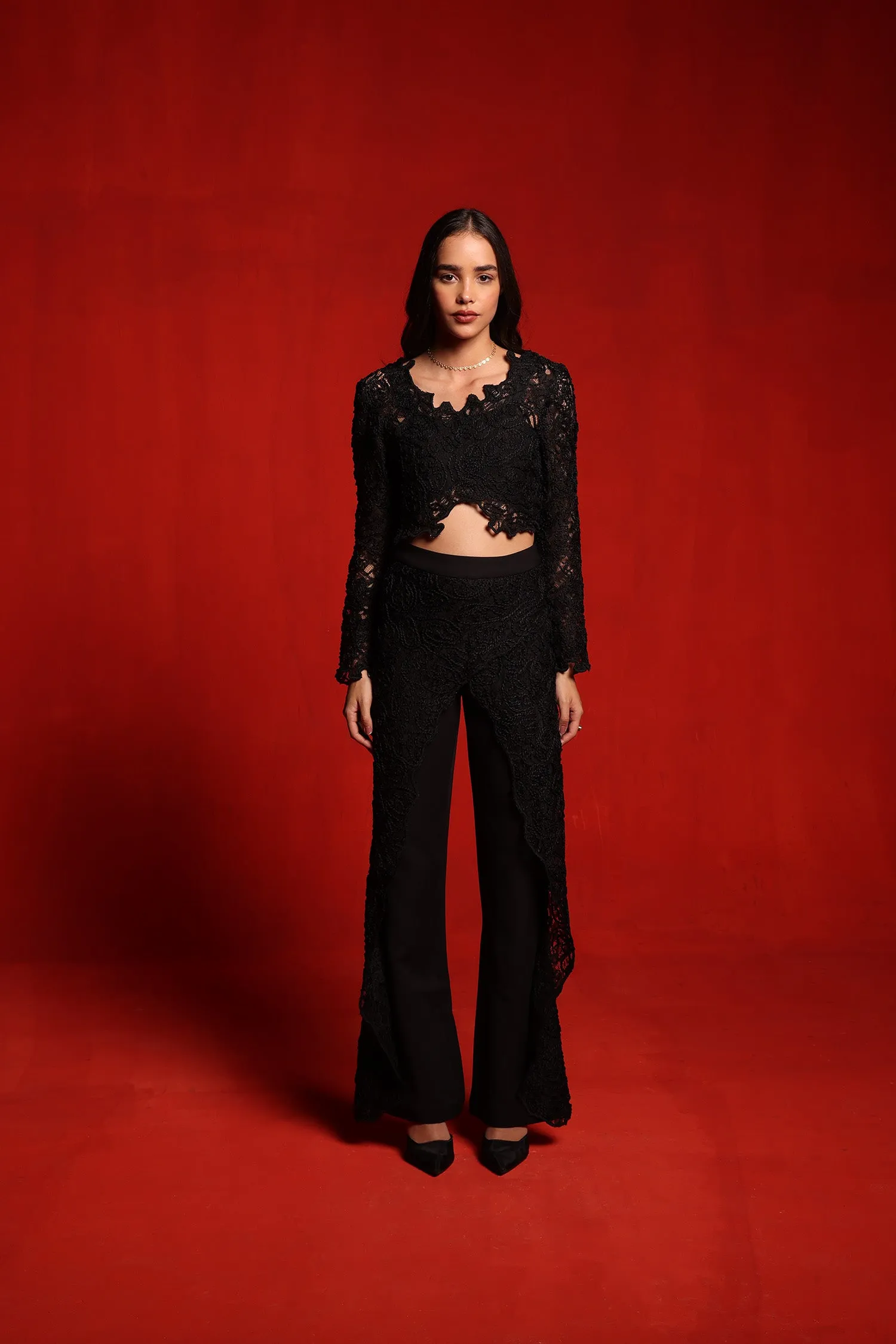 Black Textured Full sleeves Crop Top and Pants