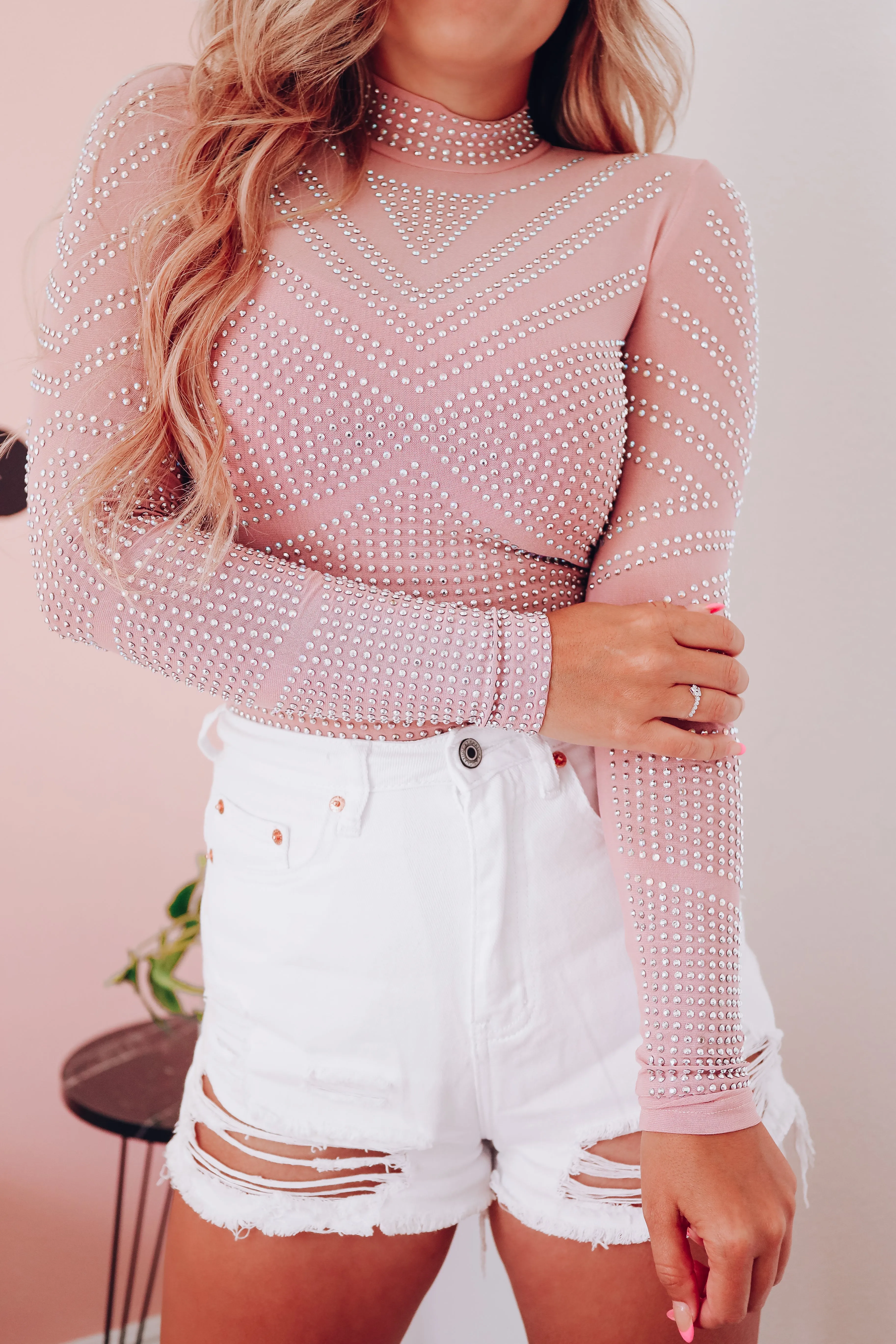 Bling It On Sparkling Mesh Bodysuit - Dusty Pink
