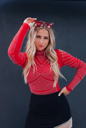 Bling It On Sparkling Mesh Bodysuit - Red