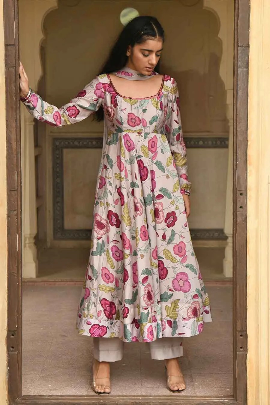 Blooming Garden Grey Chanderi Kurta Set
