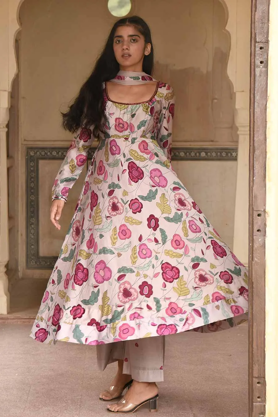 Blooming Garden Grey Chanderi Kurta Set