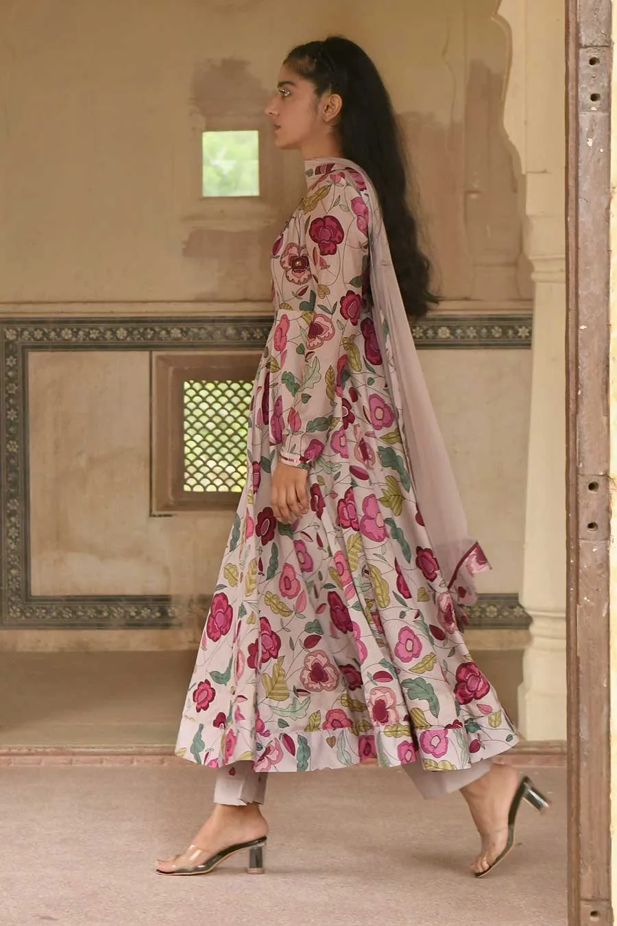 Blooming Garden Grey Chanderi Kurta Set