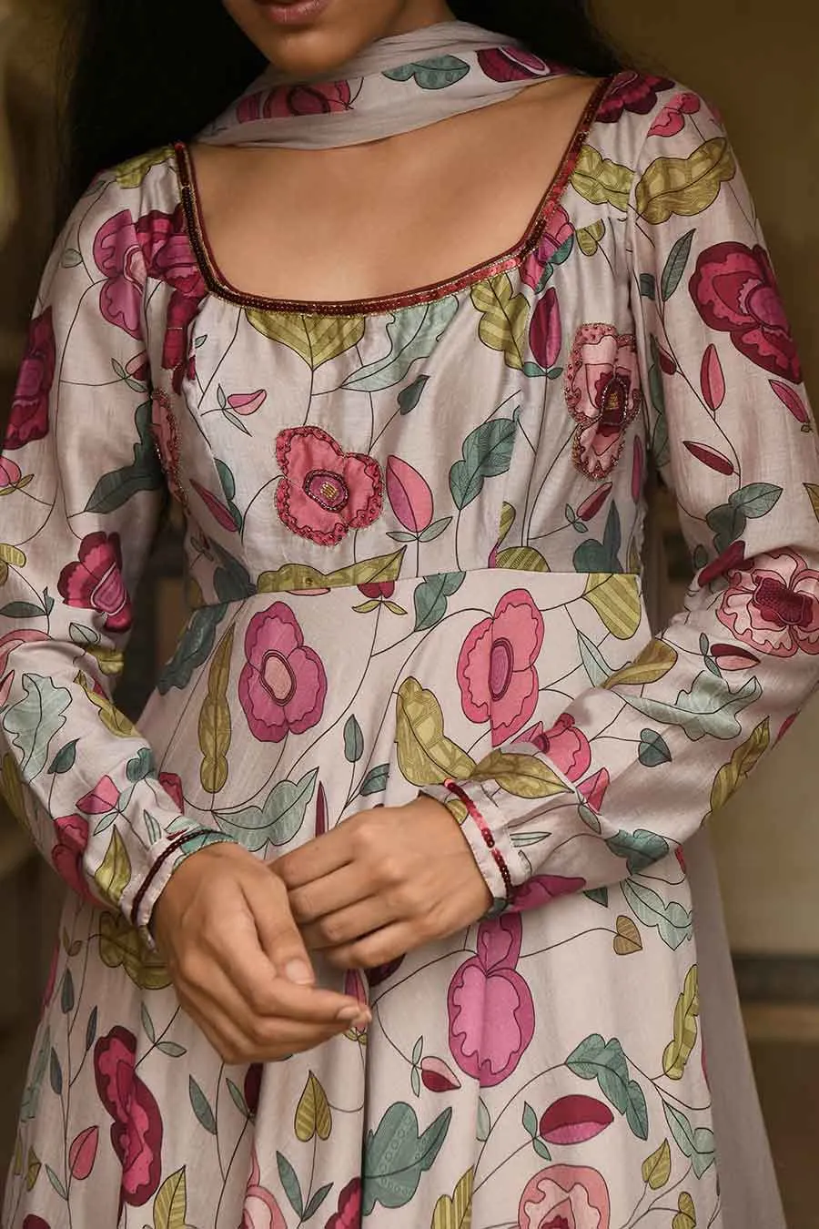Blooming Garden Grey Chanderi Kurta Set