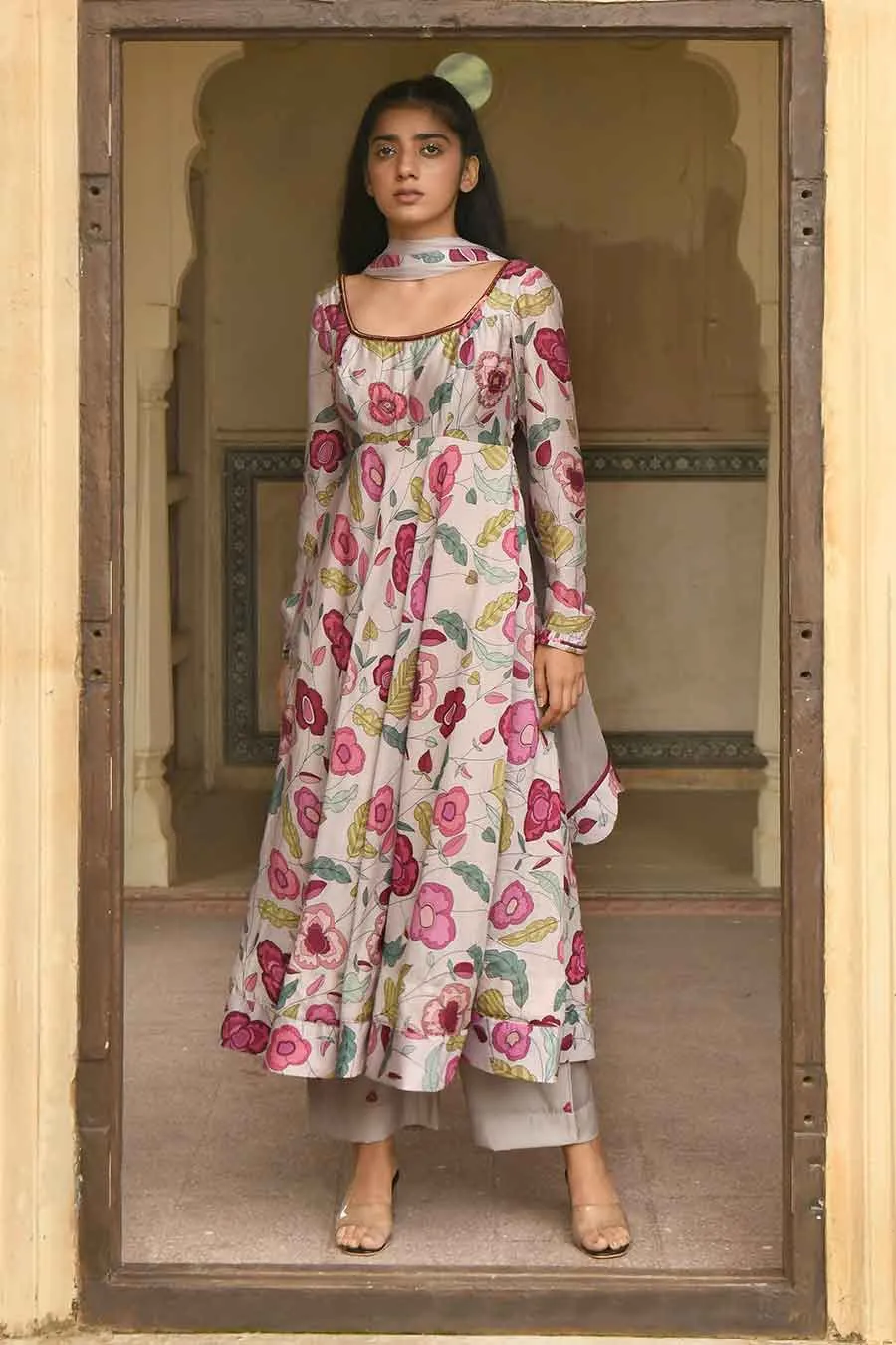 Blooming Garden Grey Chanderi Kurta Set