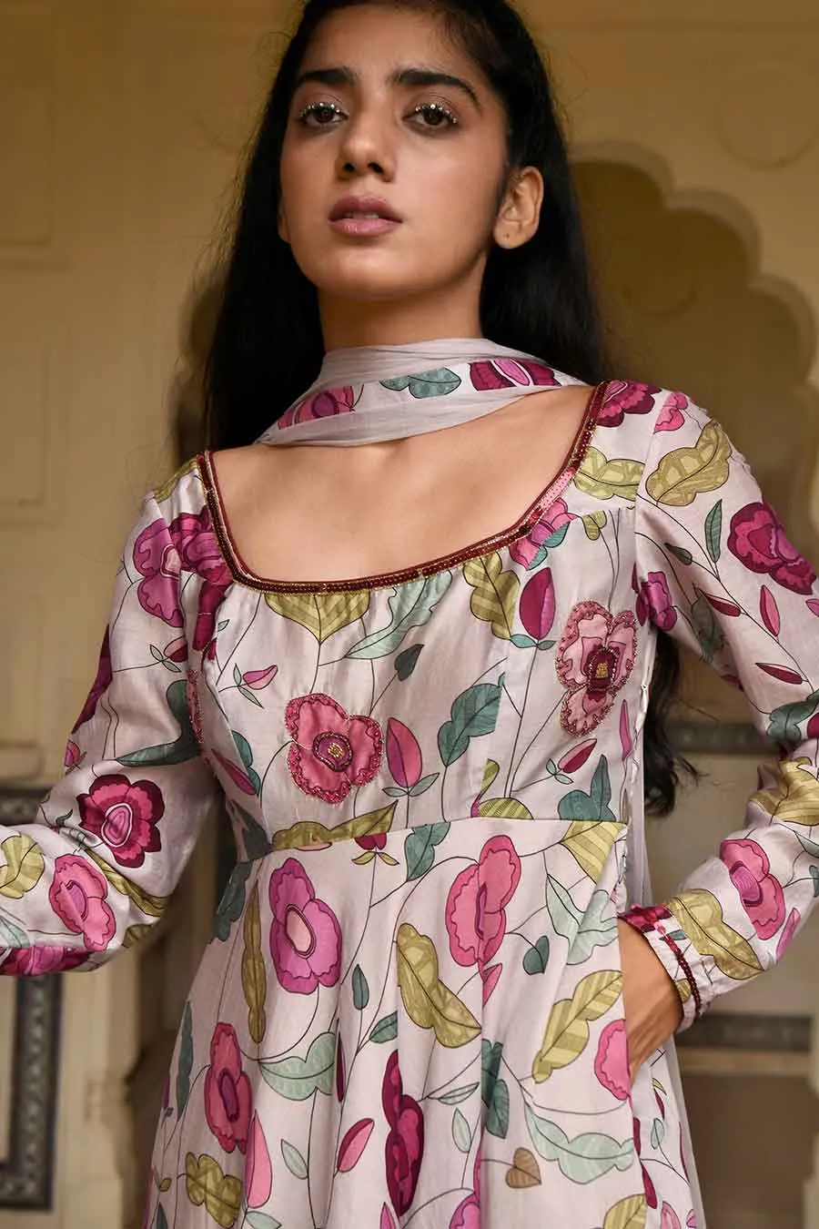 Blooming Garden Grey Chanderi Kurta Set