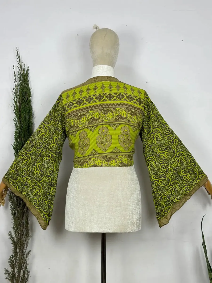 Bohemian Hippie Long Bell Sleeve Wrap Top with Front Tie, Colorful Paisley and Flower Pattern, Festival Boho Fairy Goddess, Summer Going Out | Green Persian Pattern