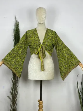 Bohemian Hippie Long Bell Sleeve Wrap Top with Front Tie, Colorful Paisley and Flower Pattern, Festival Boho Fairy Goddess, Summer Going Out | Green Persian Pattern