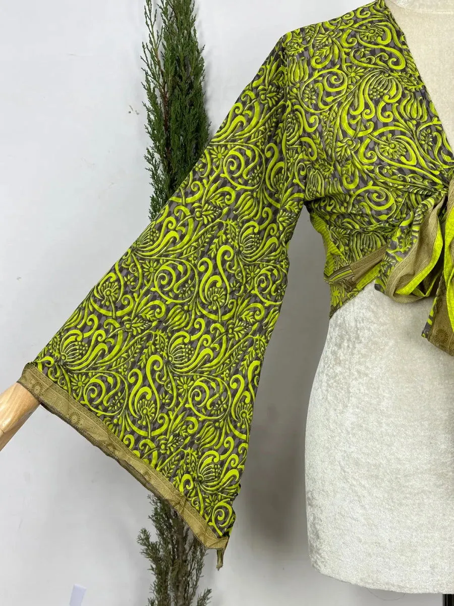 Bohemian Hippie Long Bell Sleeve Wrap Top with Front Tie, Colorful Paisley and Flower Pattern, Festival Boho Fairy Goddess, Summer Going Out | Green Persian Pattern