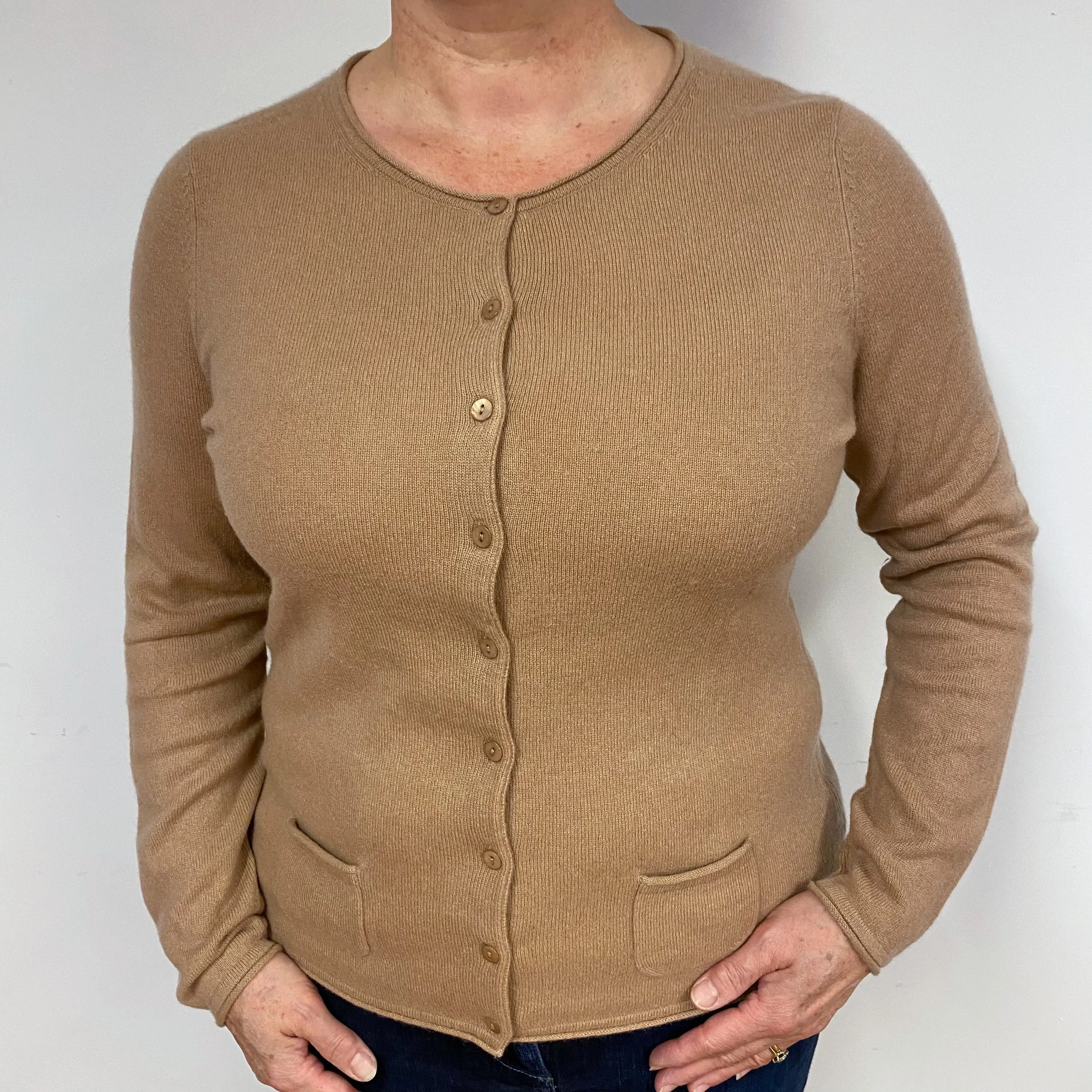 Butterscotch Brown Cashmere Crew Neck Cardigan Large
