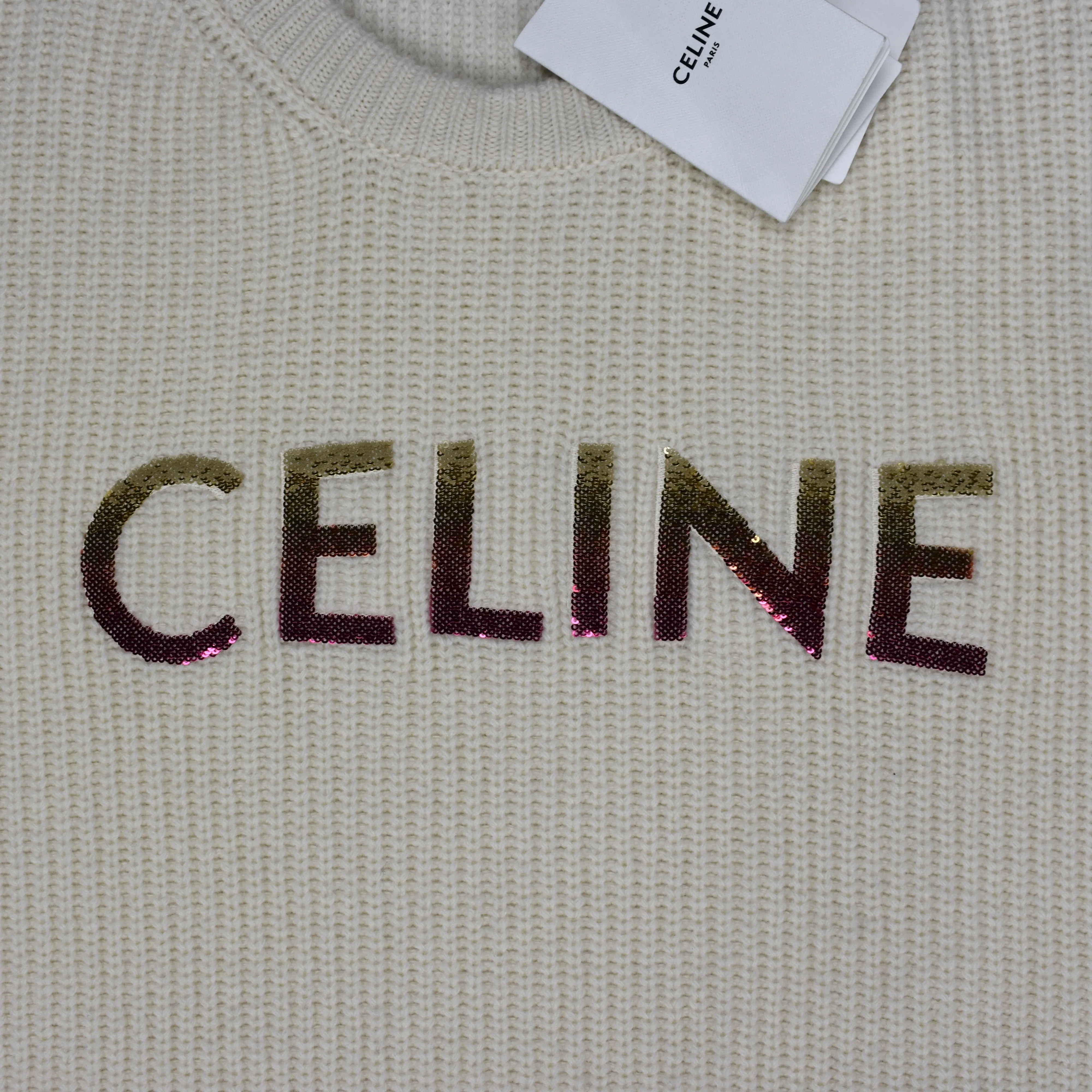 Celine - Cream Wool Sequin Logo Sweater