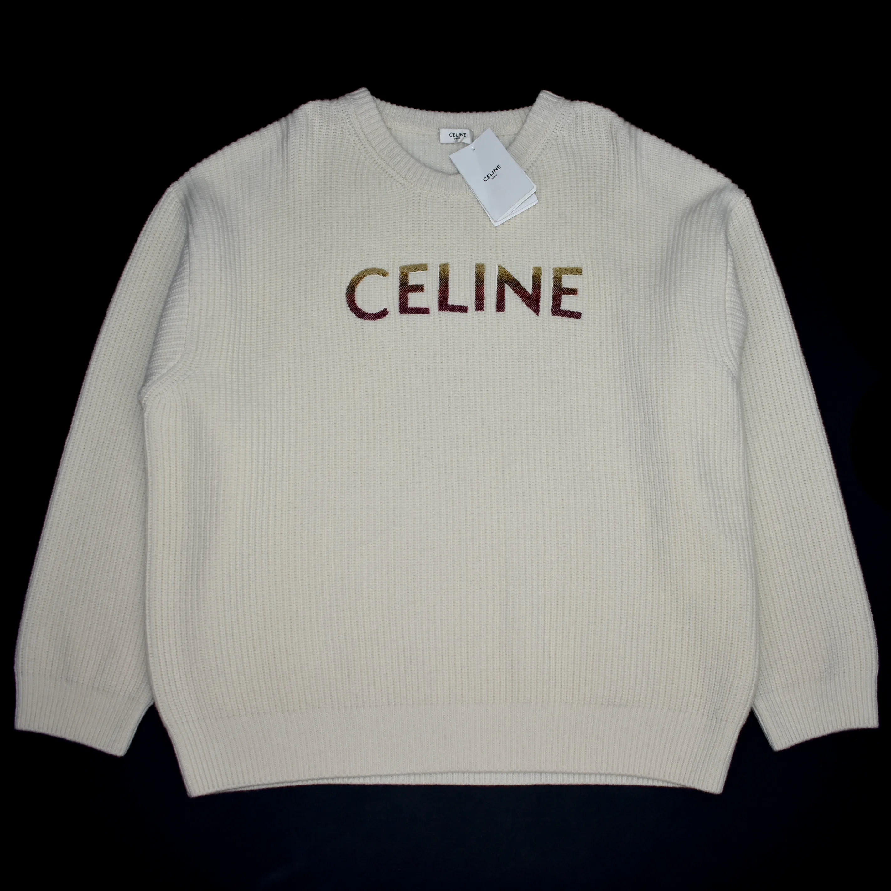 Celine - Cream Wool Sequin Logo Sweater