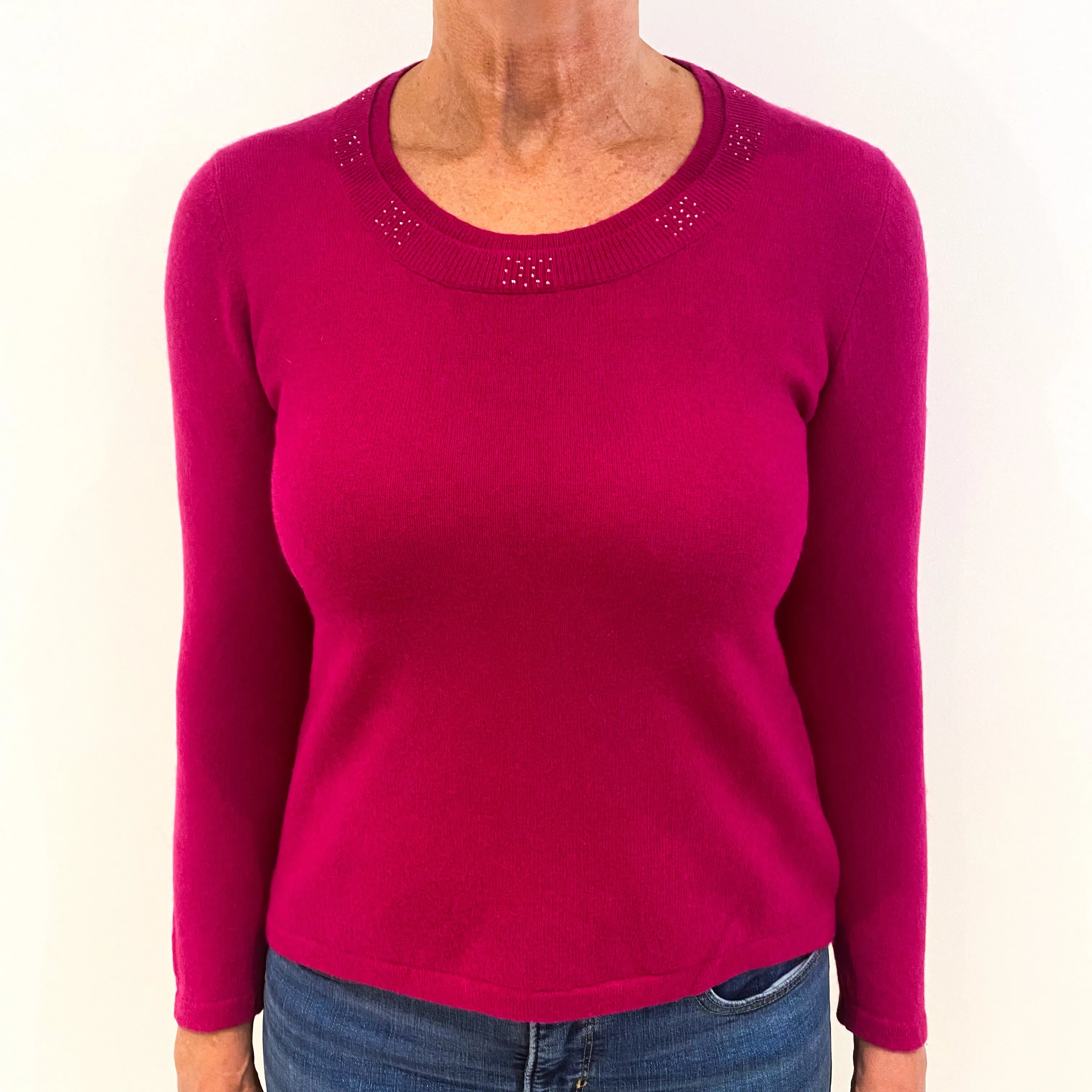 Cherry Pink Diamanté Cashmere Crew Neck Jumper Medium