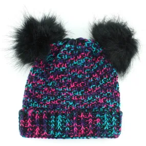 Childrens Chunky Knit Multicoloured Beanie Bobble Hat - Black