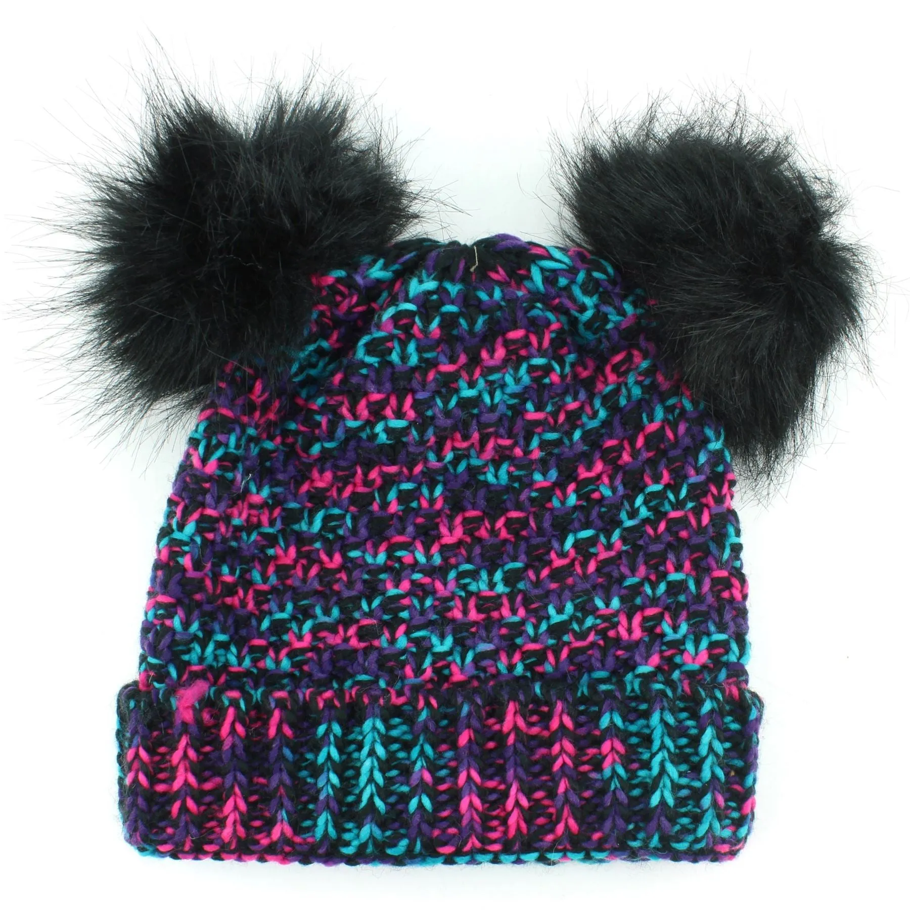 Childrens Chunky Knit Multicoloured Beanie Bobble Hat - Black
