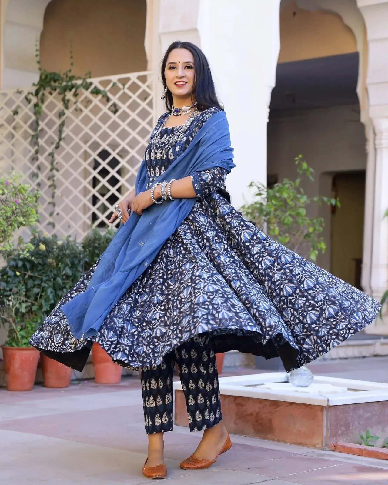 Cotton Blue Bagru Print Anarkali Suit Set with Yellow Mulmul Dupatta