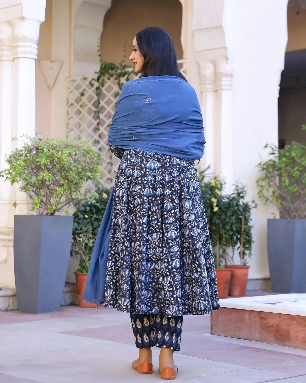 Cotton Blue Bagru Print Anarkali Suit Set with Yellow Mulmul Dupatta