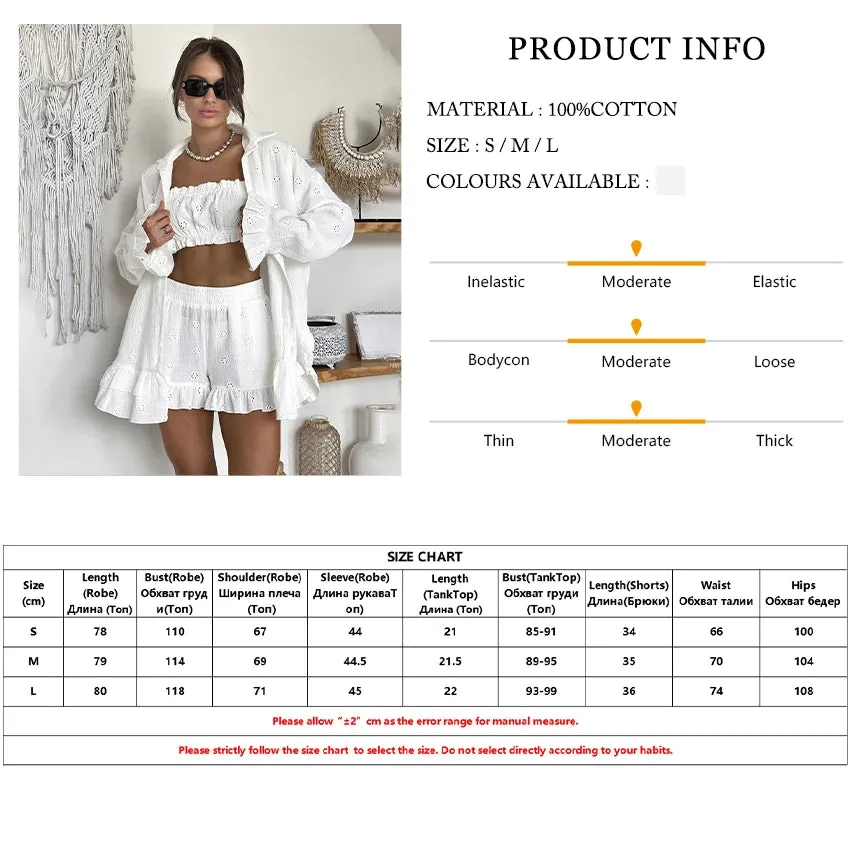 Cotton Eyelet Loungewear 3 Piece Set Short Top with Shirt