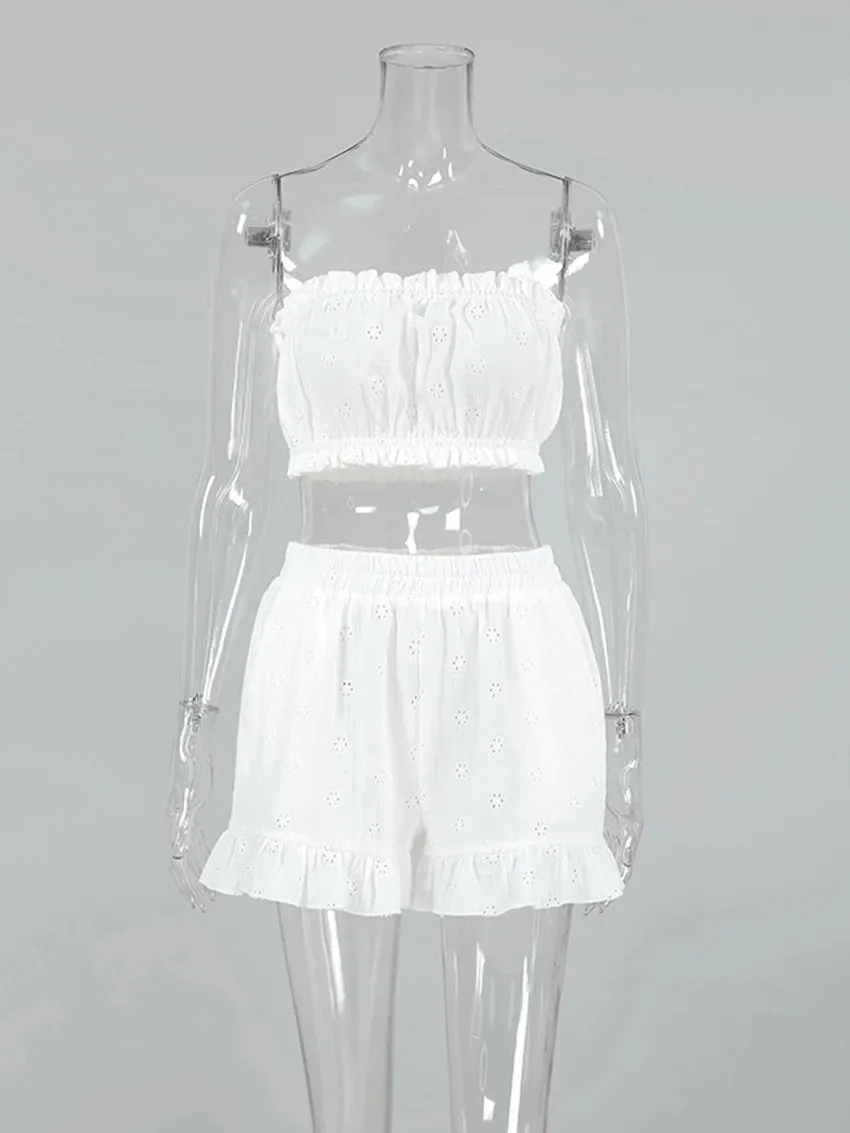 Cotton Eyelet Loungewear 3 Piece Set Short Top with Shirt