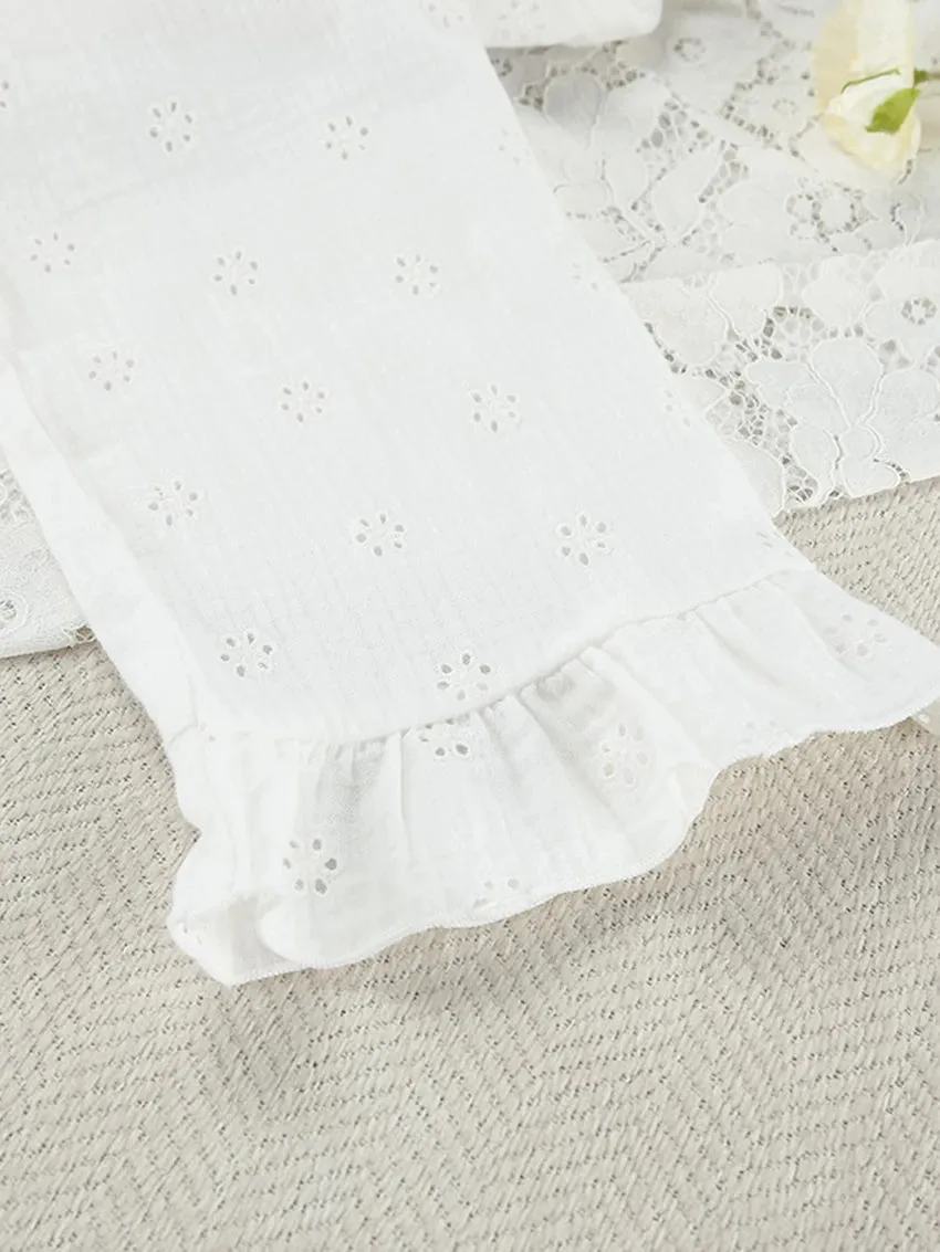 Cotton Eyelet Loungewear 3 Piece Set Short Top with Shirt