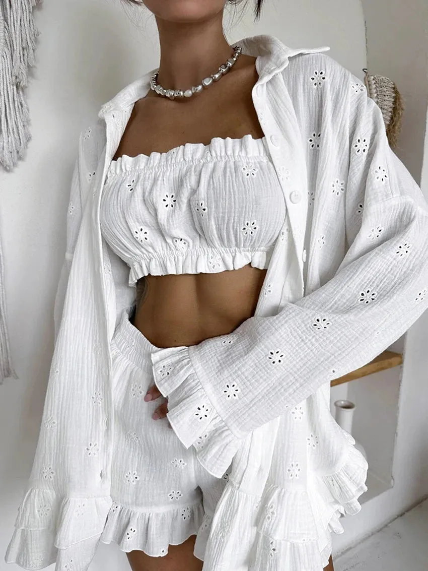 Cotton Eyelet Loungewear 3 Piece Set Short Top with Shirt
