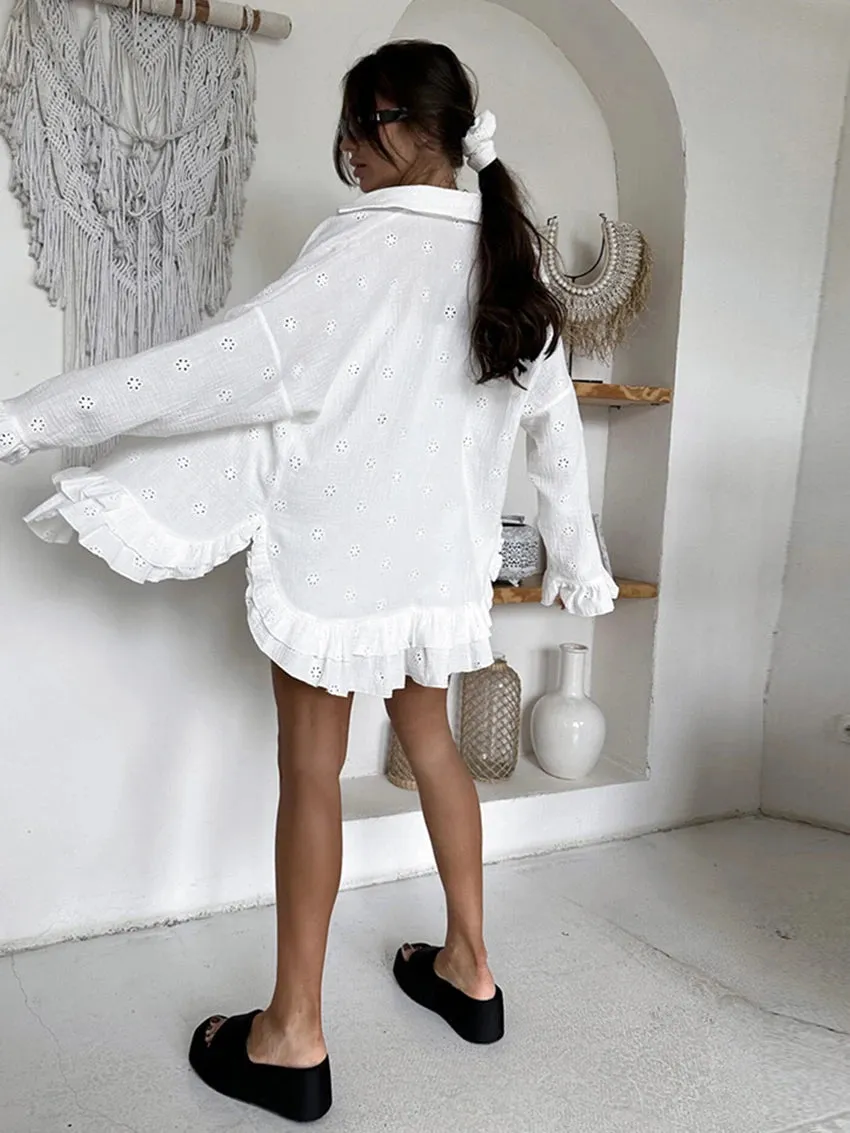 Cotton Eyelet Loungewear 3 Piece Set Short Top with Shirt