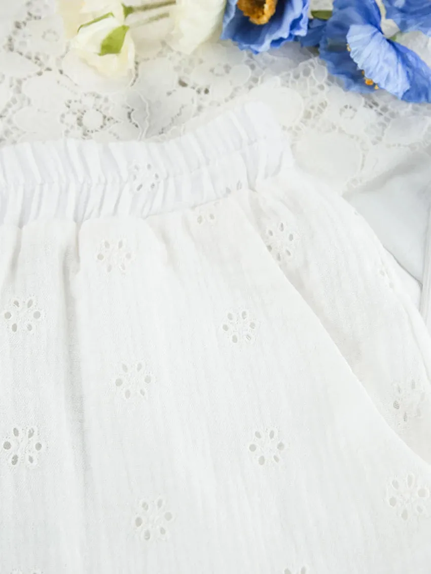 Cotton Eyelet Loungewear 3 Piece Set Short Top with Shirt